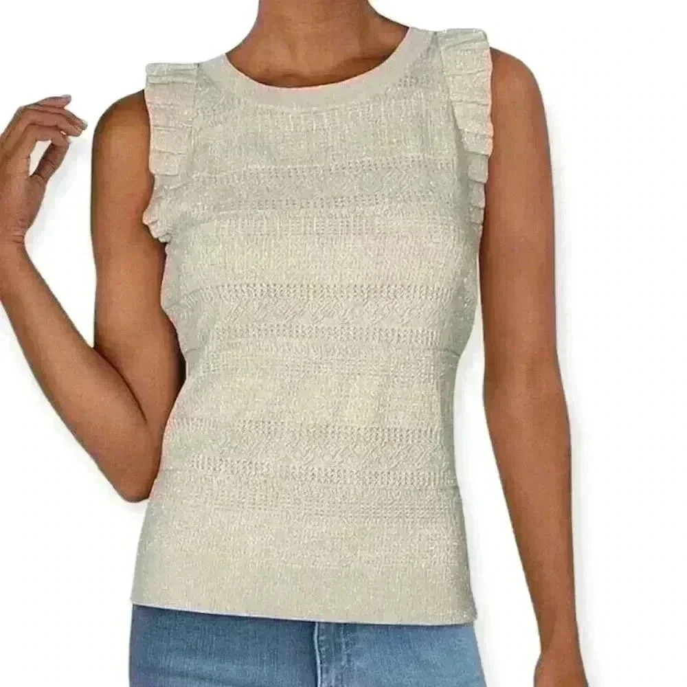 INC metallic gold flutter sleeves knit shell top women’s size large - Picture 7 of 11